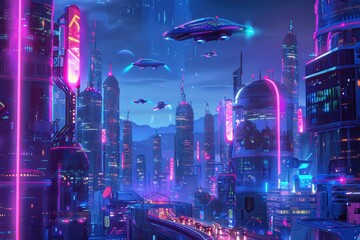 Leinwandbilder - a city street with neon lights and cars futuristic cityscape at night with neon lights and flying cars