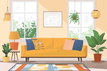 Poster - a living room with a yellow couch and a rug modern living room with minimalist decor and cozy furnishings