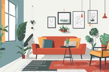 Poster - a living room with a yellow couch and a rug modern living room with minimalist decor and cozy furnishings