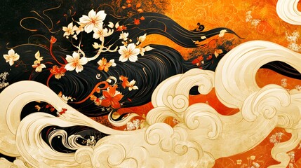 Oriental background with flowing water and floral pattern