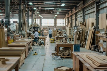 Poster - a factory with many machines and people working Picture a factory floor filled with skilled artisans blending traditional craftsmanship with cutting-edge technology