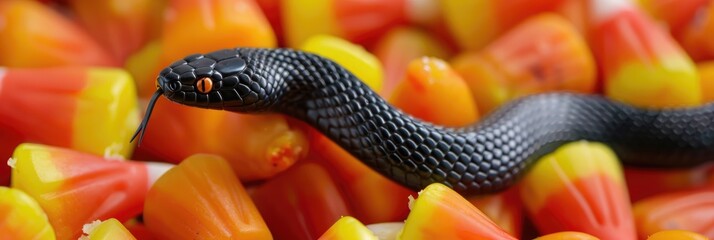 Wall Mural - Black Toy Snake on Colorful Candy Treats