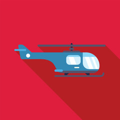Poster - Minimalist vector illustration of a blue helicopter hovering with a long shadow, ideal for transportation or aviation related projects