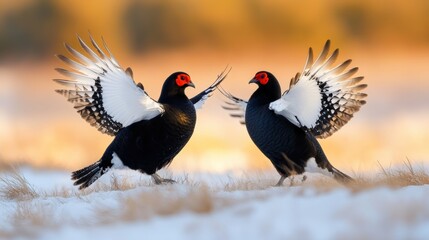 Two birds with their wings spread out on a snowy field, AI