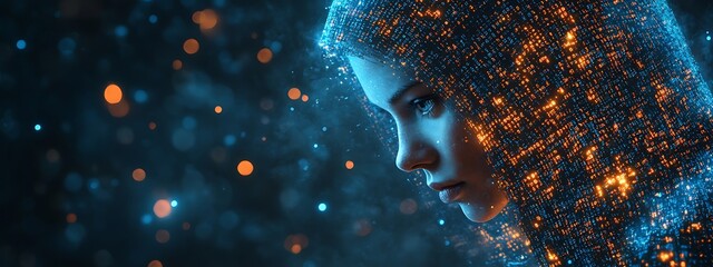 A blue digital hacker with glowing binary code, AI in cybersecurity systems, threat detection algorithms, penetration testing tools, and digital forensics analysis. cybercrime, cyber attack design,