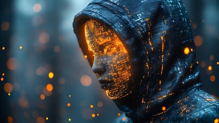 A blue digital hacker with glowing binary code, AI in cybersecurity systems, threat detection algorithms, penetration testing tools, and digital forensics analysis. cybercrime, cyber attack design,