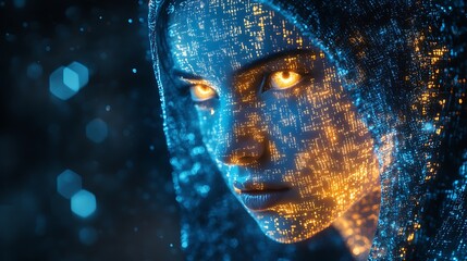 A blue digital hacker with glowing binary code, AI in cybersecurity systems, threat detection algorithms, penetration testing tools, and digital forensics analysis. cybercrime, cyber attack design,