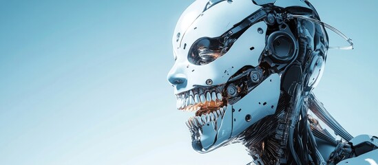Poster - Surreal digital artwork of a cyborg head featuring a futuristic mask with teeth Depicts an artificial face and a damaged neck showcasing a sci fi soldier concept in a cyberpunk style