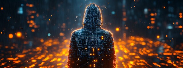 A blue digital hacker with glowing binary code, AI in cybersecurity systems, threat detection algorithms, penetration testing tools, and digital forensics analysis. cybercrime, cyber attack design,