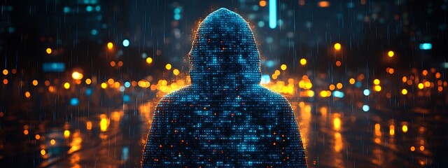 A blue digital hacker with glowing binary code, AI in cybersecurity systems, threat detection algorithms, penetration testing tools, and digital forensics analysis. cybercrime, cyber attack design,