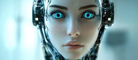 Poster - 3D rendering of a female android featuring a human like face and a mechanical body gazing directly at the camera