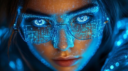 A blue digital hacker with glowing binary code, AI in cybersecurity systems, threat detection algorithms, penetration testing tools, and digital forensics analysis. cybercrime, cyber attack design,