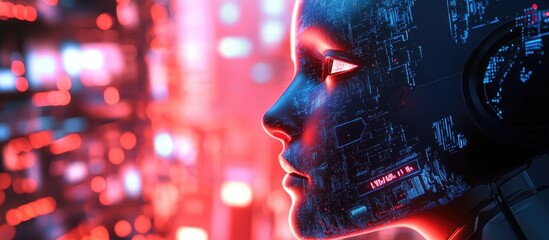 Poster - close up of an abstract digital human face against a vibrant urban backdrop concept of technology an
