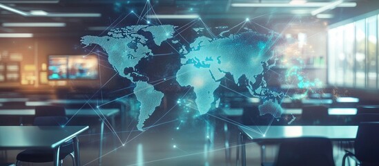 Poster - Abstract digital world map hologram with interconnected lines set against a contemporary classroom backdrop symbolizing globalization Multi exposure effect