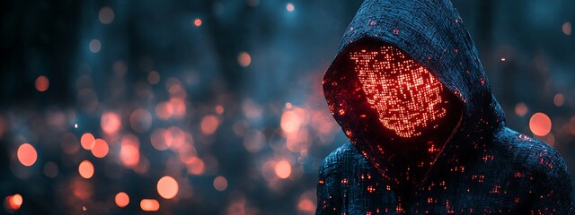 A blue digital hacker with glowing binary code, AI in cybersecurity systems, threat detection algorithms, penetration testing tools, and digital forensics analysis. cybercrime, cyber attack design,