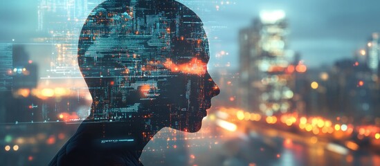 Poster - Abstract digital interface featuring a human head hologram against a blurred city skyline showcasing virtual artificial intelligence through multiple exposures