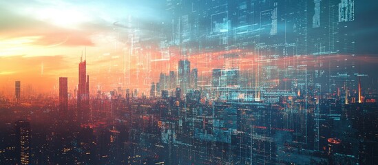 Aufkleber - Multi exposure of an abstract coding sketch over a city skyline illustrating concepts of artificial intelligence and neural networks