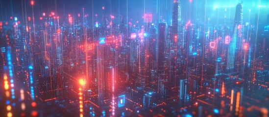 Poster - Abstract concept of Internet of Things IoT communication network and innovation in smart city technology with connected wireless devices