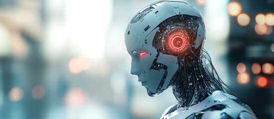 Poster - Cyborg in a blurred setting generating 3D renderings of artificial intelligence