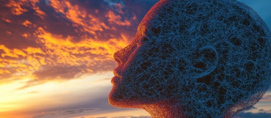Poster - Abstract 3D wireframe illustration of a young female head against a sunset sky backdrop