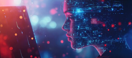 Poster - Double exposure of a technology hologram combined with a person using a computer Represents the concept of big data