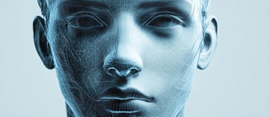 Poster - 3D wireframe illustration of a young male face on a gray background symbolizing technology cyborgs digital advancements virtual avatars and futuristic concepts