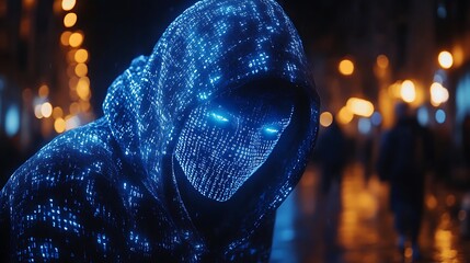 A blue digital hacker with glowing binary code, AI in cybersecurity systems, threat detection algorithms, penetration testing tools, and digital forensics analysis. cybercrime, cyber attack design,