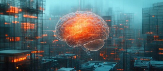 Poster - Virtual AI hologram featuring a human brain illustration set against an urban backdrop Double exposure effect