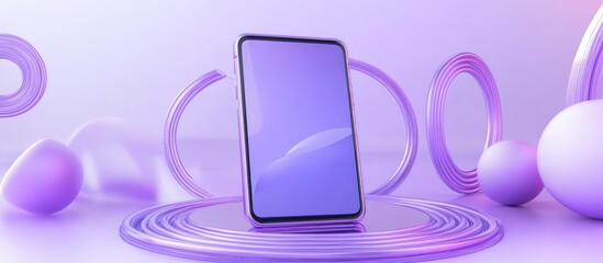 Poster - Mockup of a smartphone display for social media promotion Advertising on a mobile screen Front view of a 3D cell phone with purple circular frames