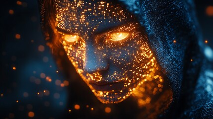 A blue digital hacker with glowing binary code, AI in cybersecurity systems, threat detection algorithms, penetration testing tools, and digital forensics analysis. cybercrime, cyber attack design,