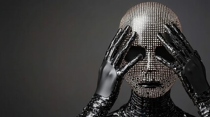 Canvas Print - Cyborg Woman with Black Face Mask and Robotic Hands