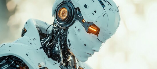 Poster - White cyborg integrating devices against a soft focus backdrop 3D render