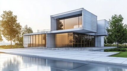 Poster - Modern architectural exterior design featuring an abstract blueprint or wire frame style