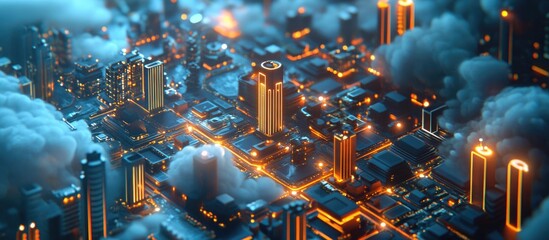 Aufkleber - Futuristic digital landscape illustrating the concept of smart cities metaverse and advanced technology with themes of big data cloud computing and 5G connectivity in a 3D rendering