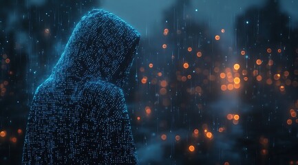 A blue digital hacker with glowing binary code, AI in cybersecurity systems, threat detection algorithms, penetration testing tools, and digital forensics analysis. cybercrime, cyber attack design,