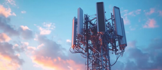 Poster - A rooftop mobile phone tower featuring numerous wires and connections set against a vibrant blue sky