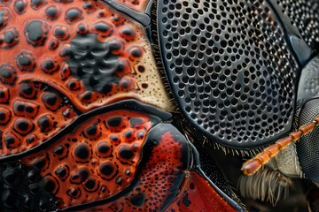 a close up of a colorful bug with water droplets intricate details of a ladybug's shell