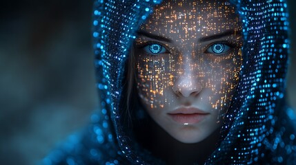 A blue digital hacker with glowing binary code, AI in cybersecurity systems, threat detection algorithms, penetration testing tools, and digital forensics analysis. cybercrime, cyber attack design,