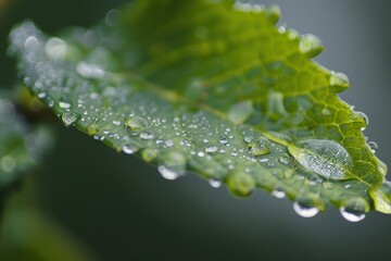 Leinwandbilder - a close up of a leaf with water droplets intricate details of a raindrop clinging to a leaf