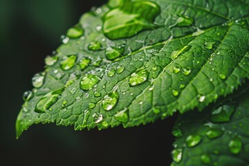 Leinwandbilder - a close up of a leaf with water droplets intricate details of a raindrop clinging to a leaf