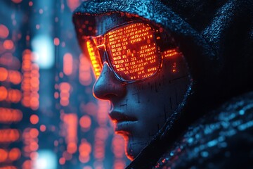 Wall Mural - A blue digital hacker with glowing binary code, AI in cybersecurity systems, threat detection algorithms, penetration testing tools, and digital forensics analysis. cybercrime, cyber attack design,