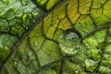 Leinwandbilder - a close up of a leaf with water droplets intricate details of a raindrop clinging to a leaf