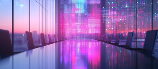 Aufkleber - Multi exposure image showcasing an abstract hologram representing software development against a contemporary meeting room backdrop symbolizing research and analytics themes