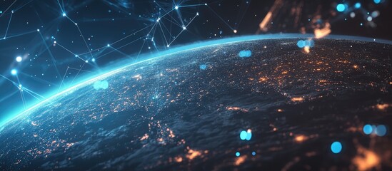 Poster - 3d visualization of connected systems featuring 5g and blockchain technology set against a graphic r