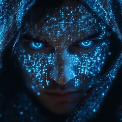 A blue digital hacker with glowing binary code, AI in cybersecurity systems, threat detection algorithms, penetration testing tools, and digital forensics analysis. cybercrime, cyber attack design,