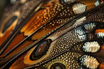 a close up of a bird's wing with red eyes intricate patterns of a butterfly's wings up close