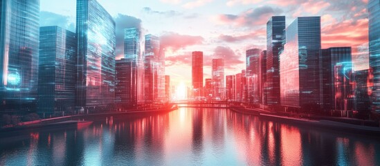 Aufkleber - City skyline view across a river during the day featuring modern architecture and a holographic representation of artificial intelligence machine learning and robotics concepts
