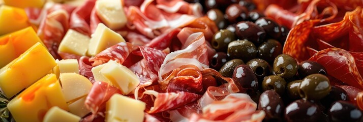 Poster - Close-up of delicious Italian appetizers featuring prosciutto, cheese, salami, olives, and fresh fruit.