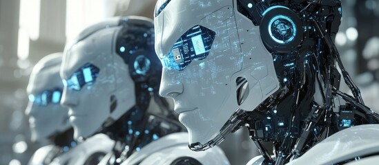 Poster - Collection of male robot heads interacting with digital holographic screen interfaces in a 3D rendered environment