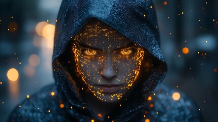 A blue digital hacker with glowing binary code, AI in cybersecurity systems, threat detection algorithms, penetration testing tools, and digital forensics analysis. cybercrime, cyber attack design,